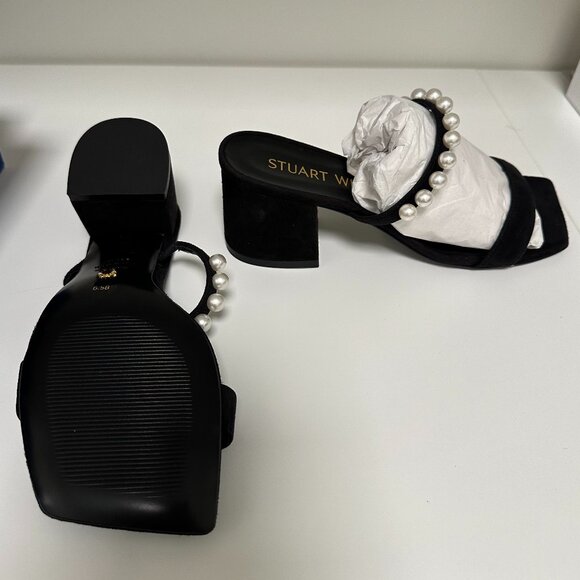 Stuart Weitzman Goldie 60 Pearl Slide Sandals 6.5 NIB Block Heel Black Suede - Picture 7 of 14